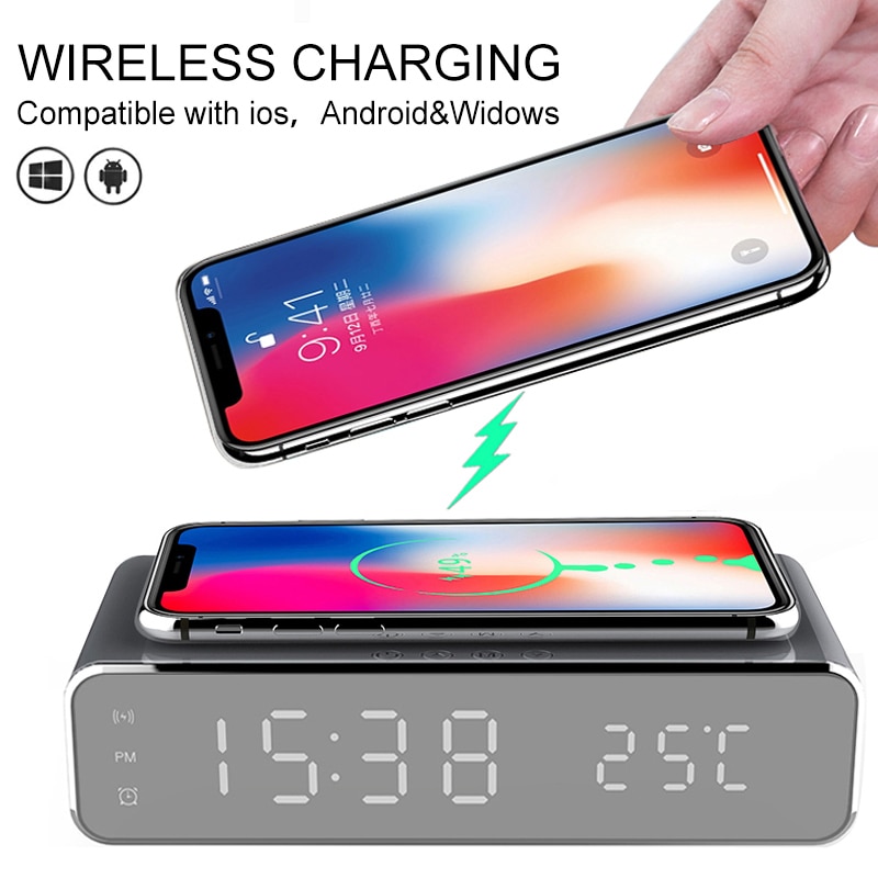 Electric Alarm Clocks With Telphone Fast Wireless Charger Digital Thermometer LED HD Mirror Clocks Supports IOS/Android/Windows