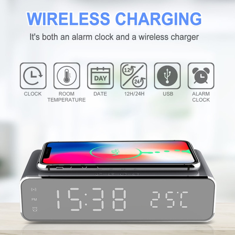 Electric Alarm Clocks With Telphone Fast Wireless Charger Digital Thermometer LED HD Mirror Clocks Supports IOS/Android/Windows