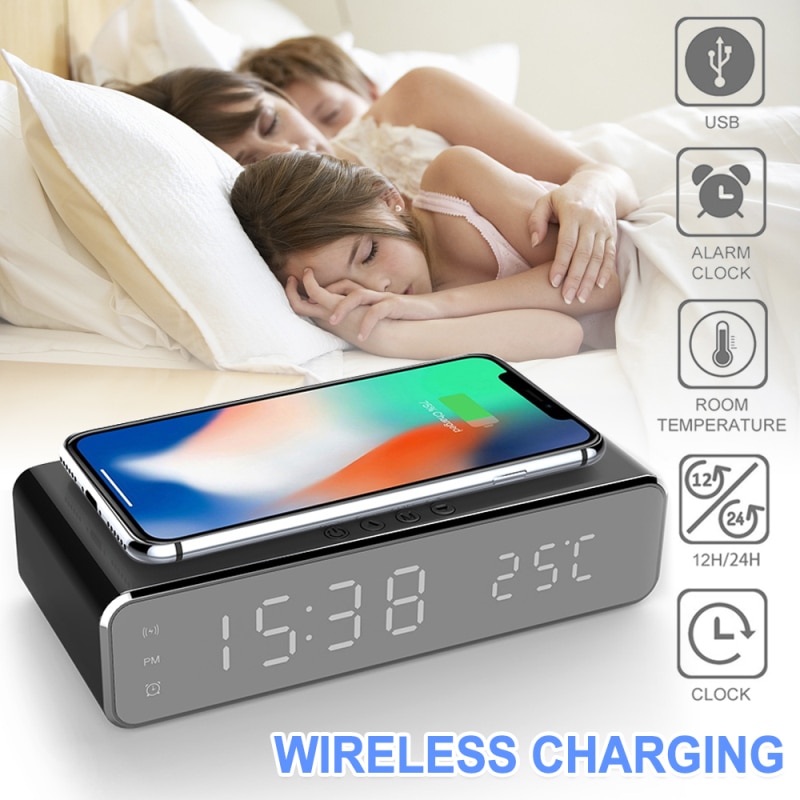 Electric Alarm Clocks With Telphone Fast Wireless Charger Digital Thermometer LED HD Mirror Clocks Supports IOS/Android/Windows