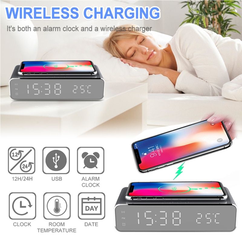 Electric Alarm Clocks With Telphone Fast Wireless Charger Digital Thermometer LED HD Mirror Clocks Supports IOS/Android/Windows