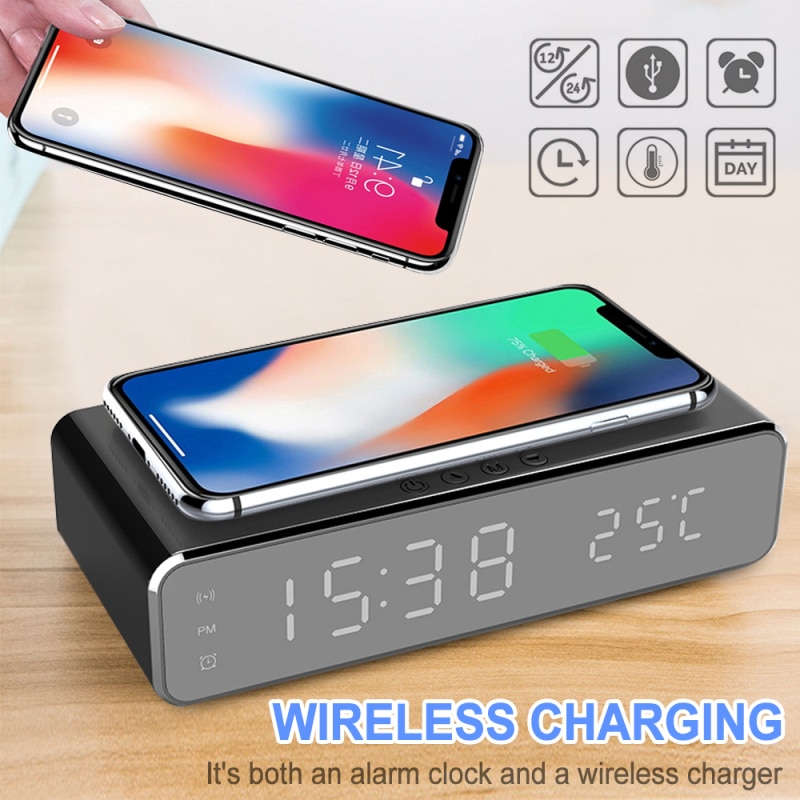 Electric Alarm Clocks With Telphone Fast Wireless Charger Digital Thermometer LED HD Mirror Clocks Supports IOS/Android/Windows