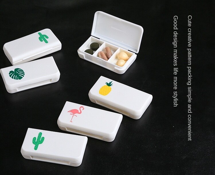 Mini Organizer Case 3 Grids Pill Box Tablet Flamingo Cactus Leaf Pill Case Dispenser Medicine Boxes Dispensing Medical Kit