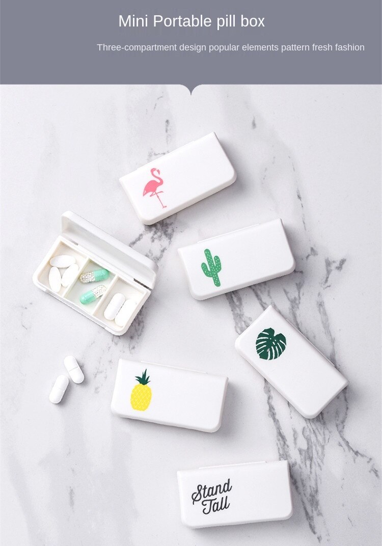 Mini Organizer Case 3 Grids Pill Box Tablet Flamingo Cactus Leaf Pill Case Dispenser Medicine Boxes Dispensing Medical Kit