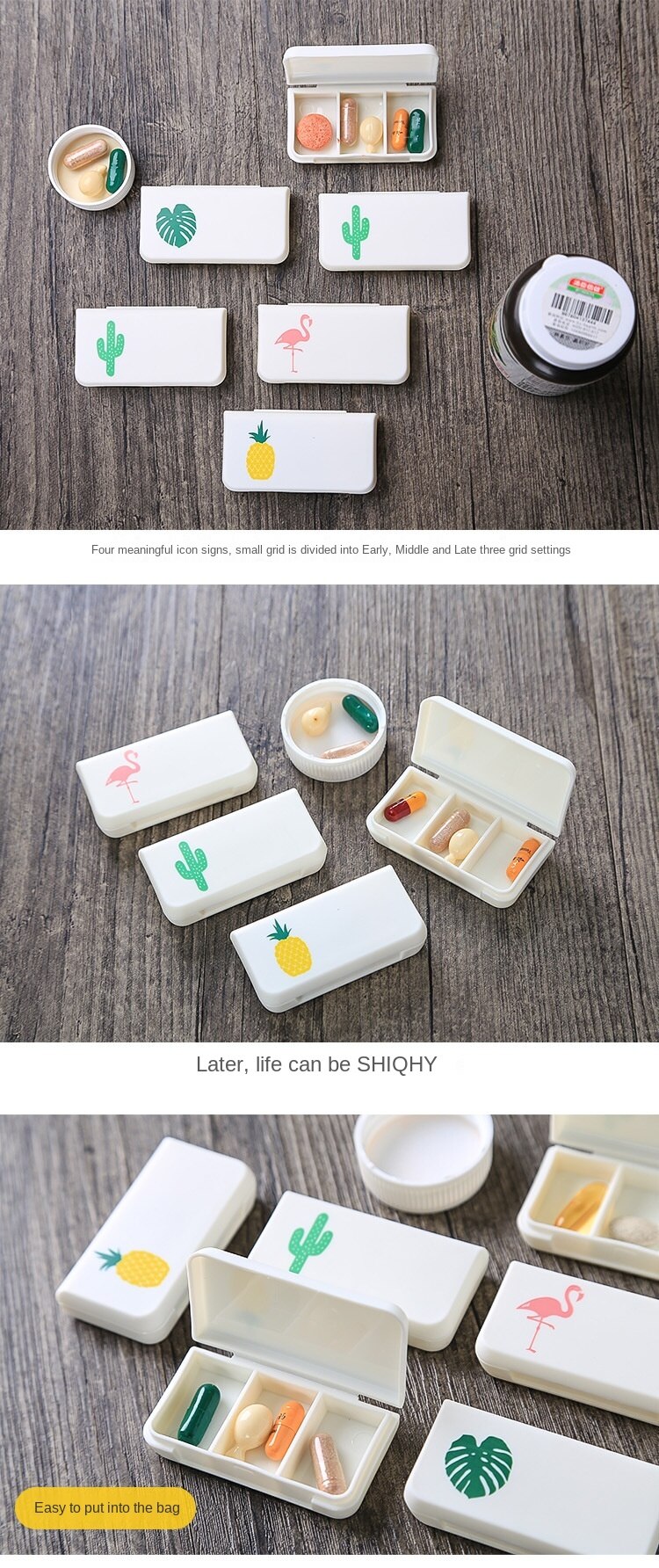 Mini Organizer Case 3 Grids Pill Box Tablet Flamingo Cactus Leaf Pill Case Dispenser Medicine Boxes Dispensing Medical Kit