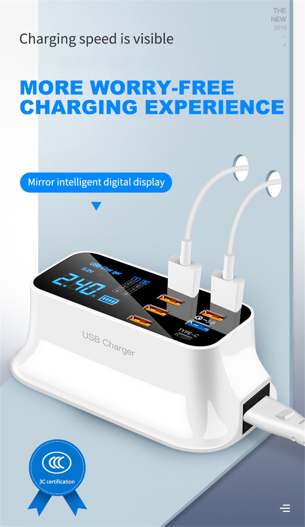 8 Ports Quick Charge 3.0 Led Display USB Charger For Android iPhone Adapter Phone Tablet Fast Charger For xiaomi huawei samsung