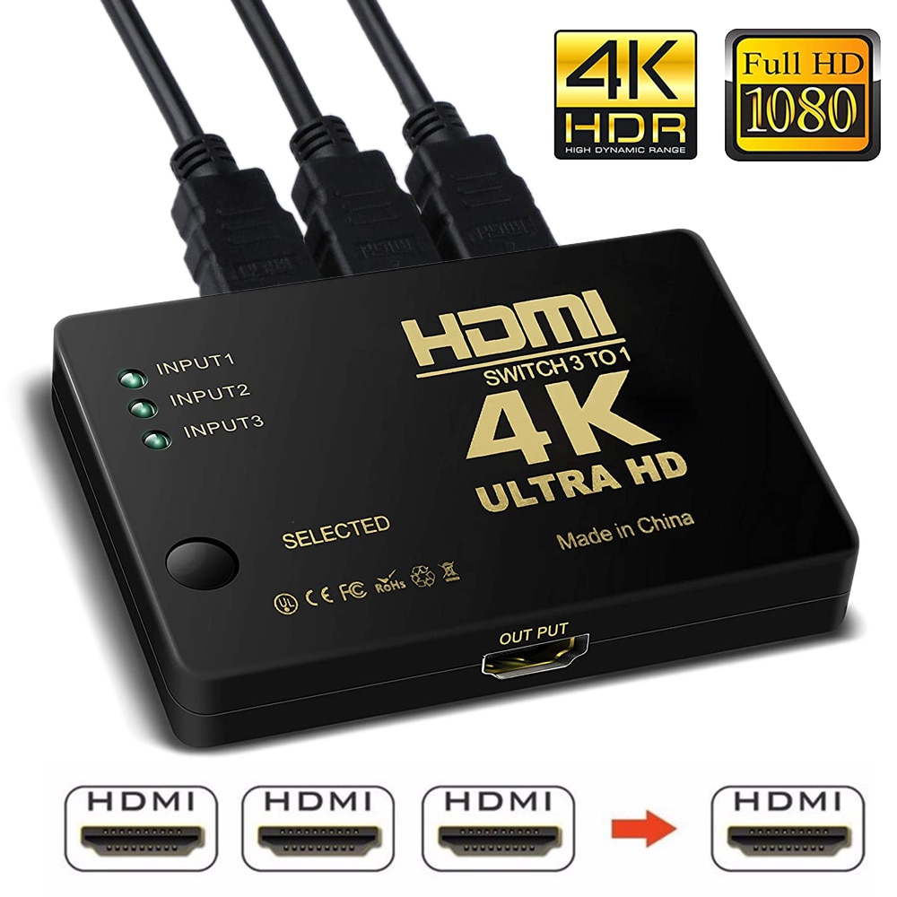 4K 2K 3x1 HDMI Cable Splitter HD 1080P Video Switcher Adapter 3 Input 1 Output Port HDMI Hub for Xbox DVD HDTV PC Laptop TV
