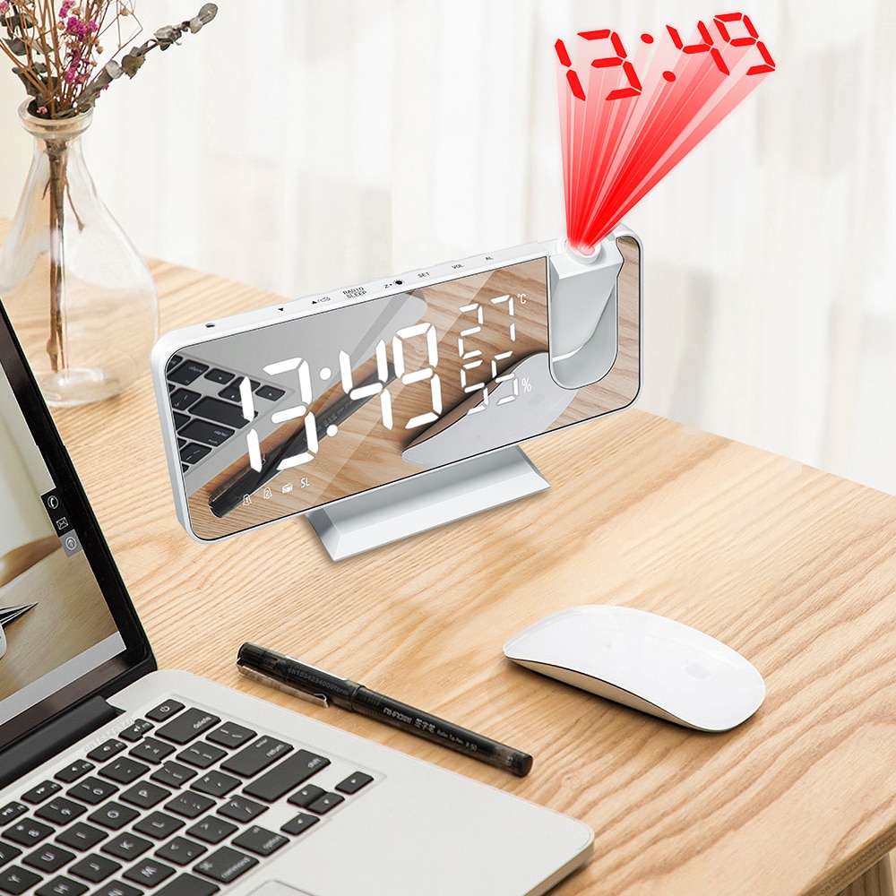 FM Radio LED Digital Smart Alarm Clock Watch Table Electronic Desktop Clocks USB Wake Up Clock with 180° Time Projection Snooze