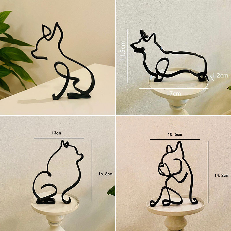 Animals Minimalist Art Iron Sculpture Retro Metal Black Lines Handmade Figurines Abstract Dog Ornaments Desk Art Decorations