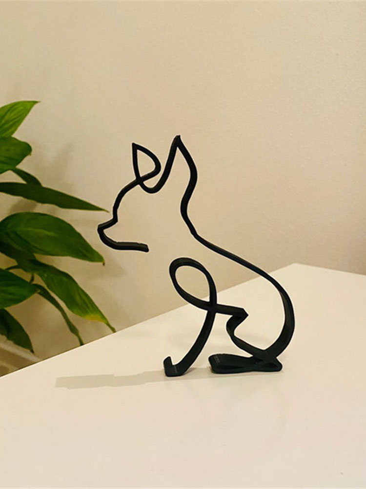 Animals Minimalist Art Iron Sculpture Retro Metal Black Lines Handmade Figurines Abstract Dog Ornaments Desk Art Decorations