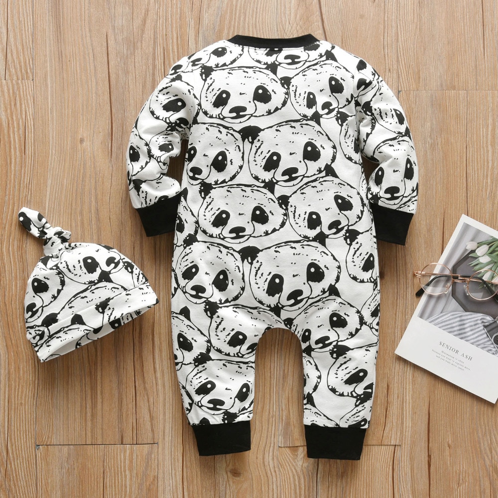 Baby's Panda Print Romper and Hat 2 Pcs Set