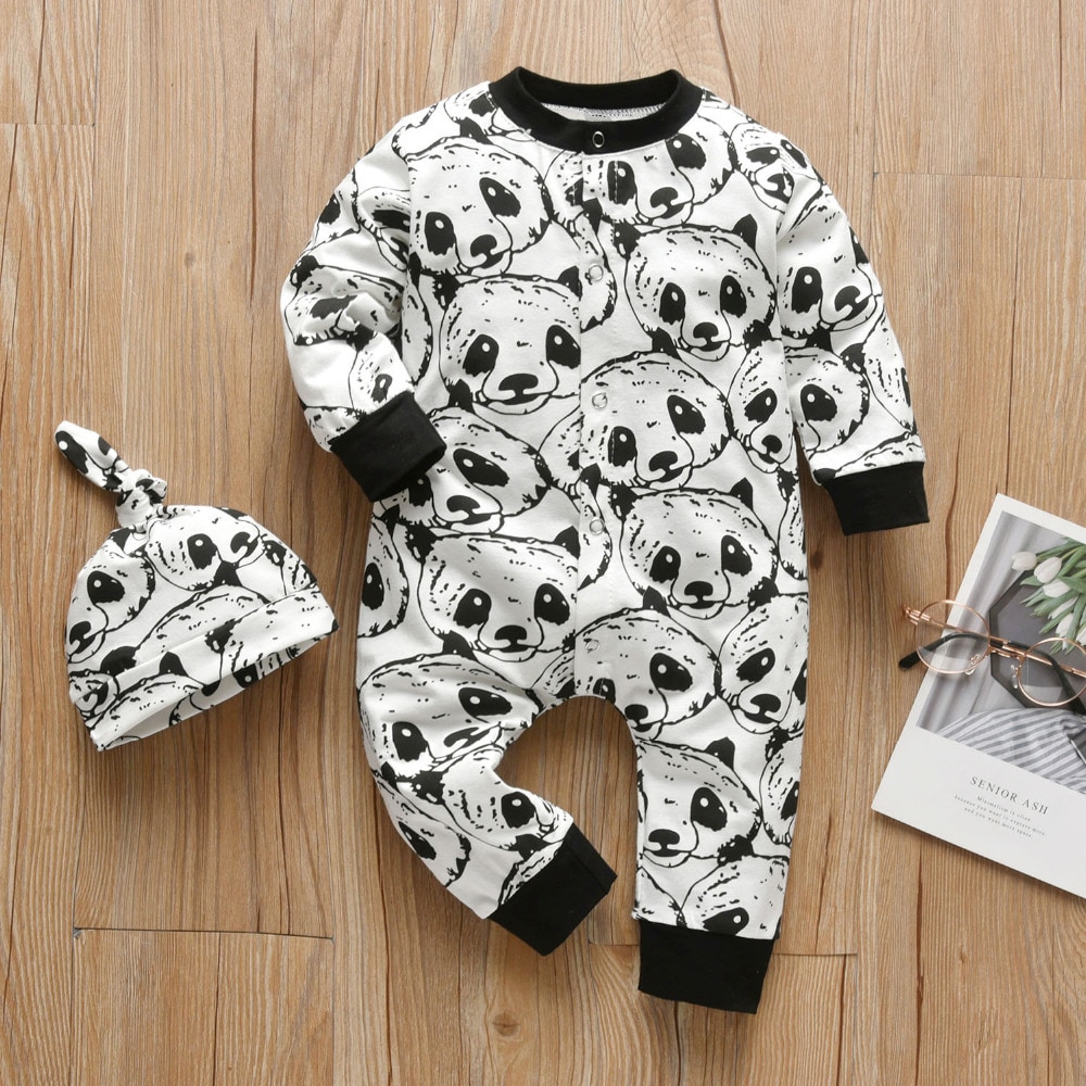 Baby's Panda Print Romper and Hat 2 Pcs Set