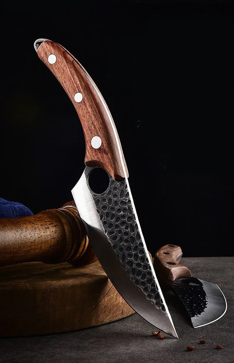Stainless Steel Kitchen Chef Cleaver Boning Knife Handmade Full Tang Kitchen Knife Arc Red Sandalwood Handle Butcher Knife