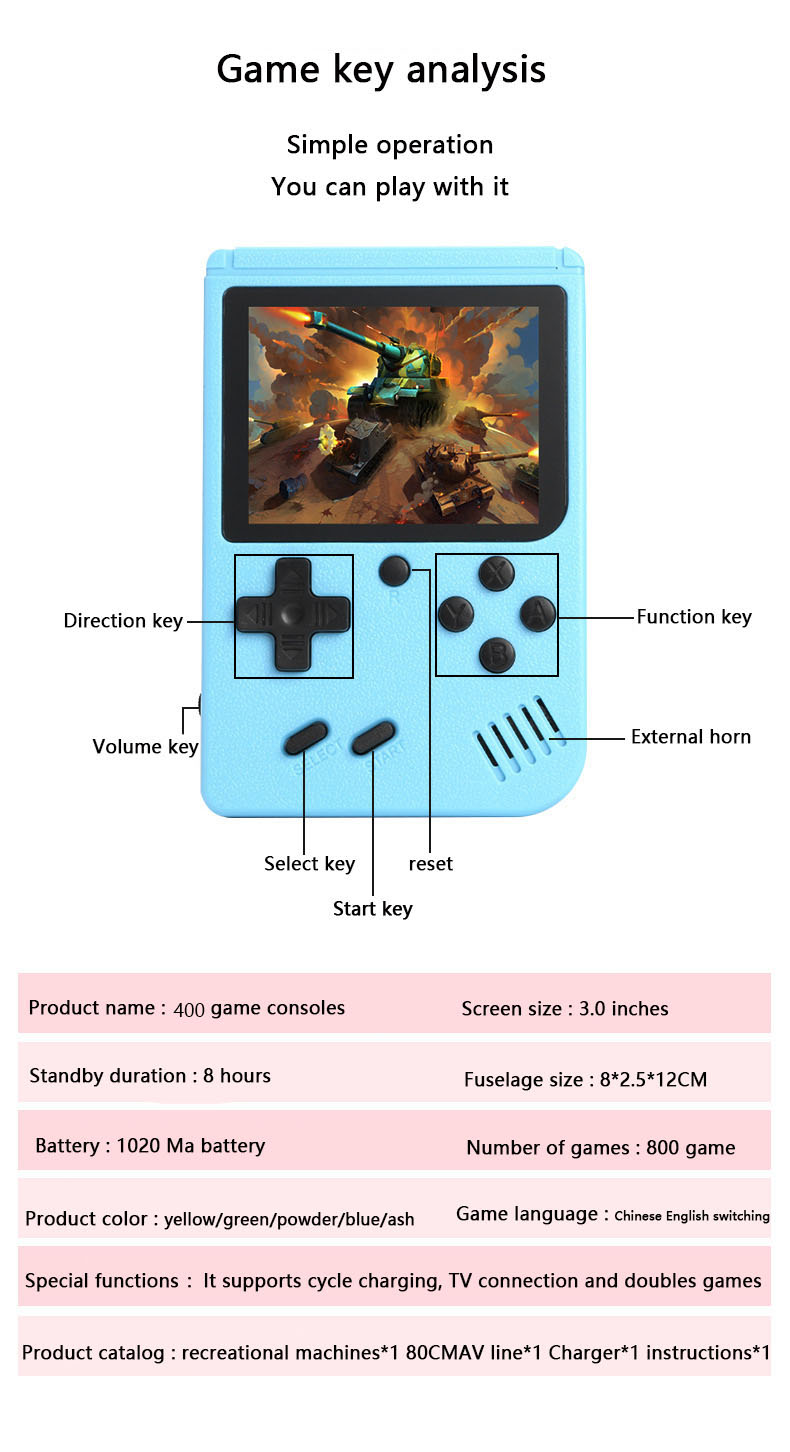 Mini portable retro manual video game console, 8-bit 3.0-inch 500 games, color LCD display, children's gifts