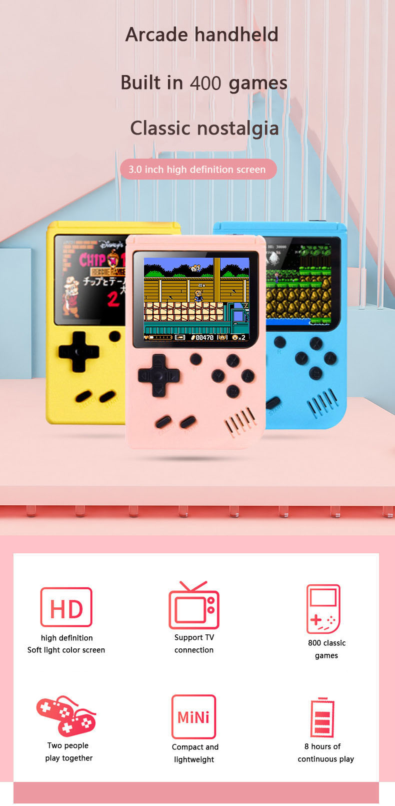 Mini portable retro manual video game console, 8-bit 3.0-inch 500 games, color LCD display, children's gifts