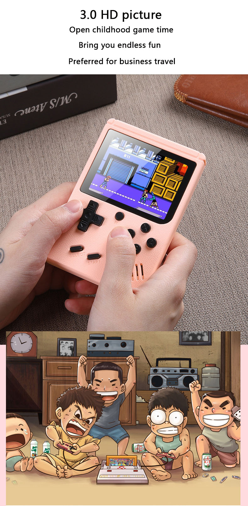 Mini portable retro manual video game console, 8-bit 3.0-inch 500 games, color LCD display, children's gifts