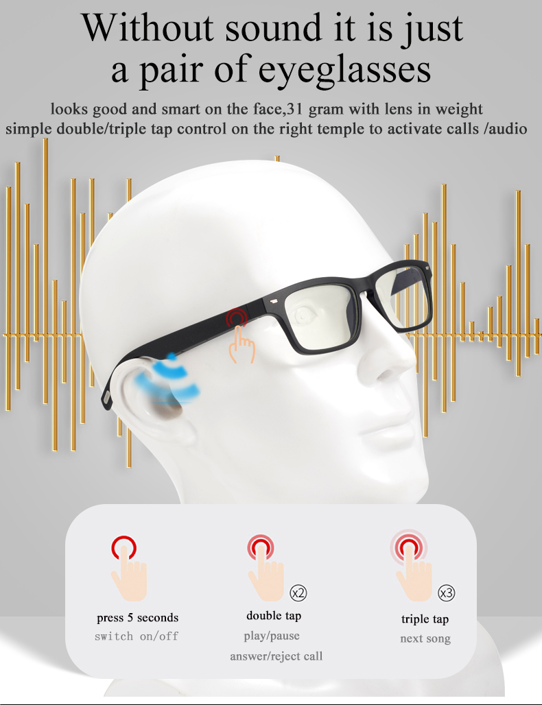 Smart Glasses Wireless Bluetooth 5.0 Sunglasses Outdoor Smart Sport Hands-Free Calling Calling Music Anti-Blue Eyeglasses