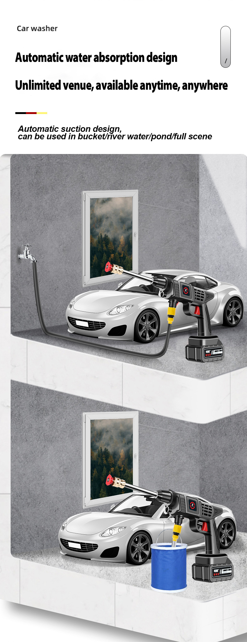 60BAR 30000mAh Wireless High Pressure Car Washer Self Priming Sustain 50min Washing 300W Car Wash Water Gun With Li-ion Battery