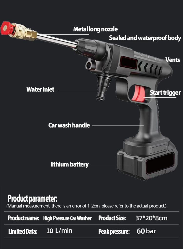 60BAR 30000mAh Wireless High Pressure Car Washer Self Priming Sustain 50min Washing 300W Car Wash Water Gun With Li-ion Battery