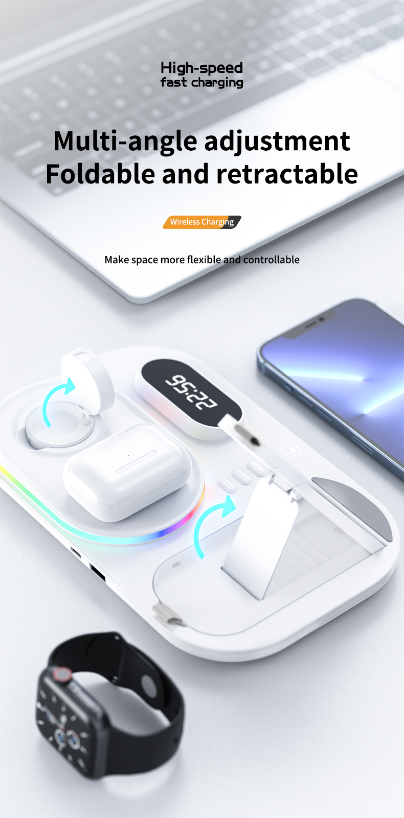 30W Fast Wireless Charger 4 in 1 Qi Charging With Time Dispay Dock Station For iPhone 13 12 11 Pro Max X Apple Watch AirPods Pro