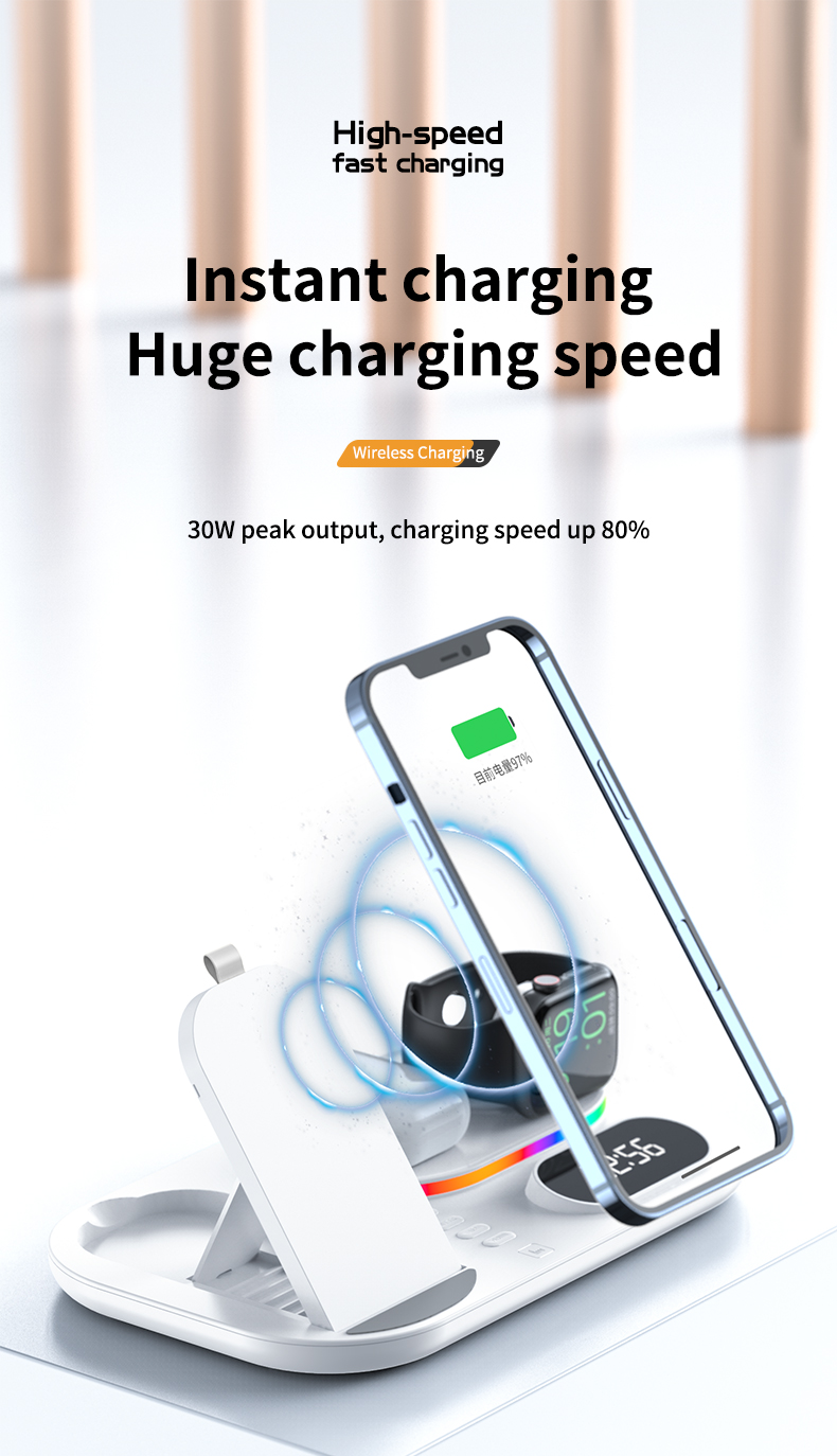 30W Fast Wireless Charger 4 in 1 Qi Charging With Time Dispay Dock Station For iPhone 13 12 11 Pro Max X Apple Watch AirPods Pro