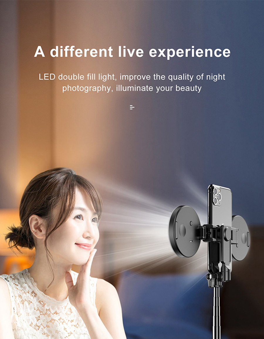 MAMEN 3 In 1 Wireless Bluetooth-compatible Selfie Stick with Double Fill Light Foldable Mini Tripod for iOS Android Smartphone