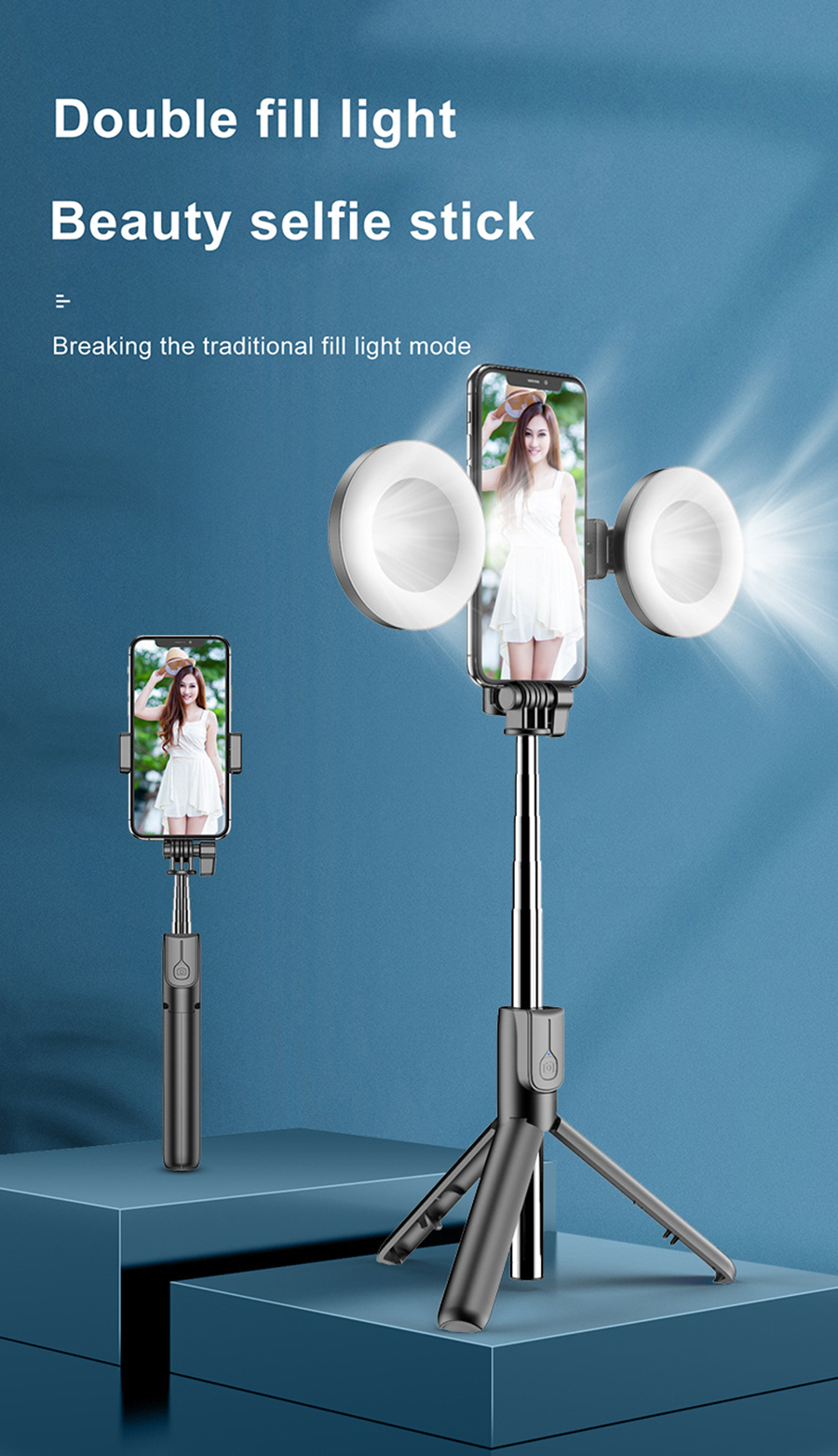 MAMEN 3 In 1 Wireless Bluetooth-compatible Selfie Stick with Double Fill Light Foldable Mini Tripod for iOS Android Smartphone