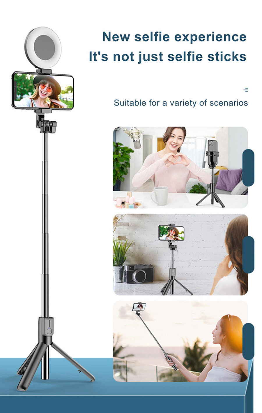 MAMEN 3 In 1 Wireless Bluetooth-compatible Selfie Stick with Double Fill Light Foldable Mini Tripod for iOS Android Smartphone