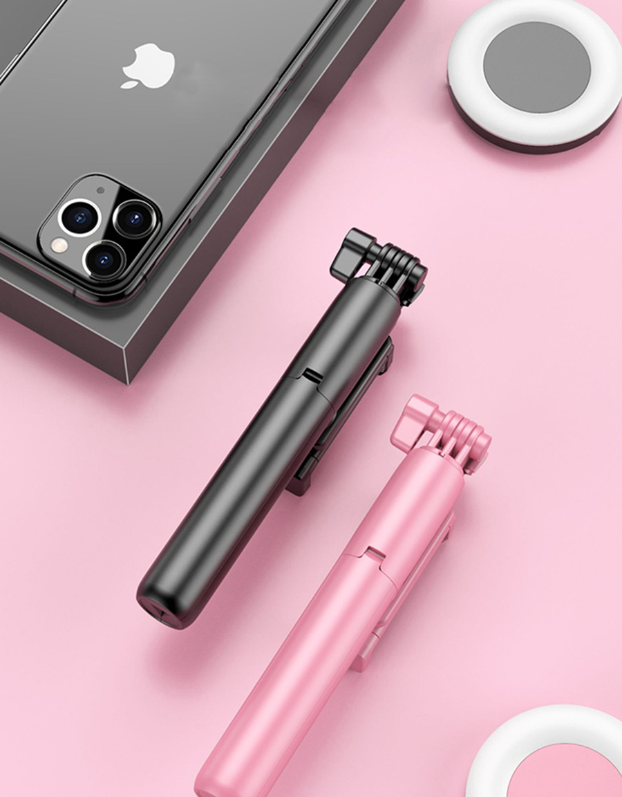 MAMEN 3 In 1 Wireless Bluetooth-compatible Selfie Stick with Double Fill Light Foldable Mini Tripod for iOS Android Smartphone