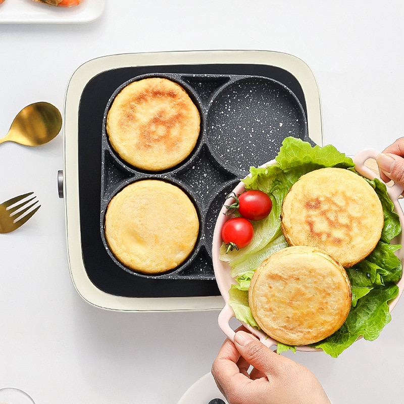 4 Hole Frying Pan Non Stick Breakfast Burger Egg Pancake Maker Wooden Handle Medical Stone Four Hole Omelet Pan cast cookware