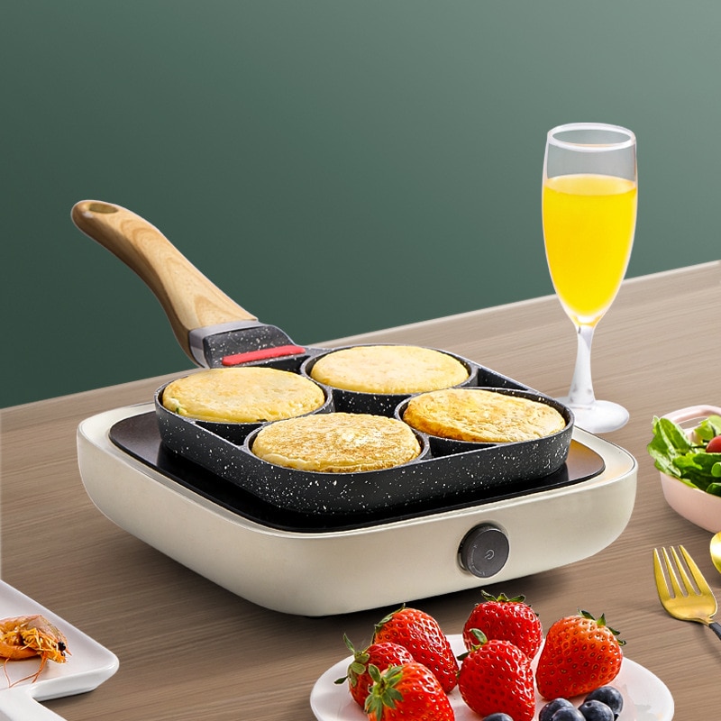 4 Hole Frying Pan Non Stick Breakfast Burger Egg Pancake Maker Wooden Handle Medical Stone Four Hole Omelet Pan cast cookware