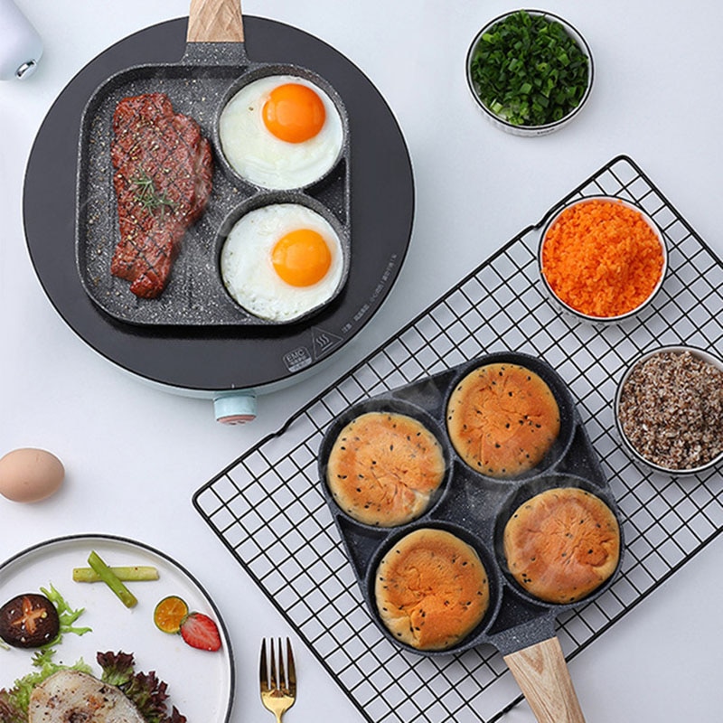 4 Hole Frying Pan Non Stick Breakfast Burger Egg Pancake Maker Wooden Handle Medical Stone Four Hole Omelet Pan cast cookware