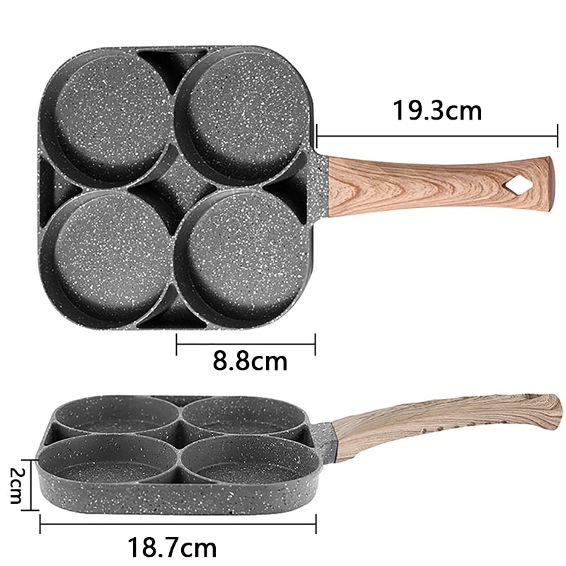 4 Hole Frying Pan Non Stick Breakfast Burger Egg Pancake Maker Wooden Handle Medical Stone Four Hole Omelet Pan cast cookware