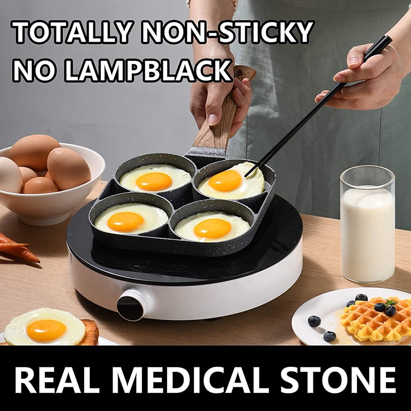 4 Hole Frying Pan Non Stick Breakfast Burger Egg Pancake Maker Wooden Handle Medical Stone Four Hole Omelet Pan cast cookware