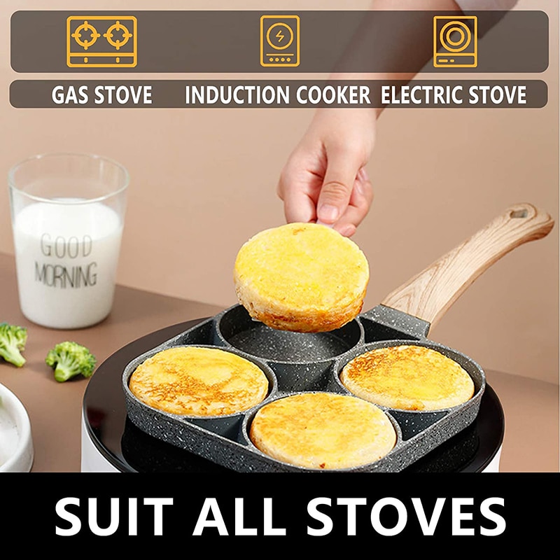 4 Hole Frying Pan Non Stick Breakfast Burger Egg Pancake Maker Wooden Handle Medical Stone Four Hole Omelet Pan cast cookware