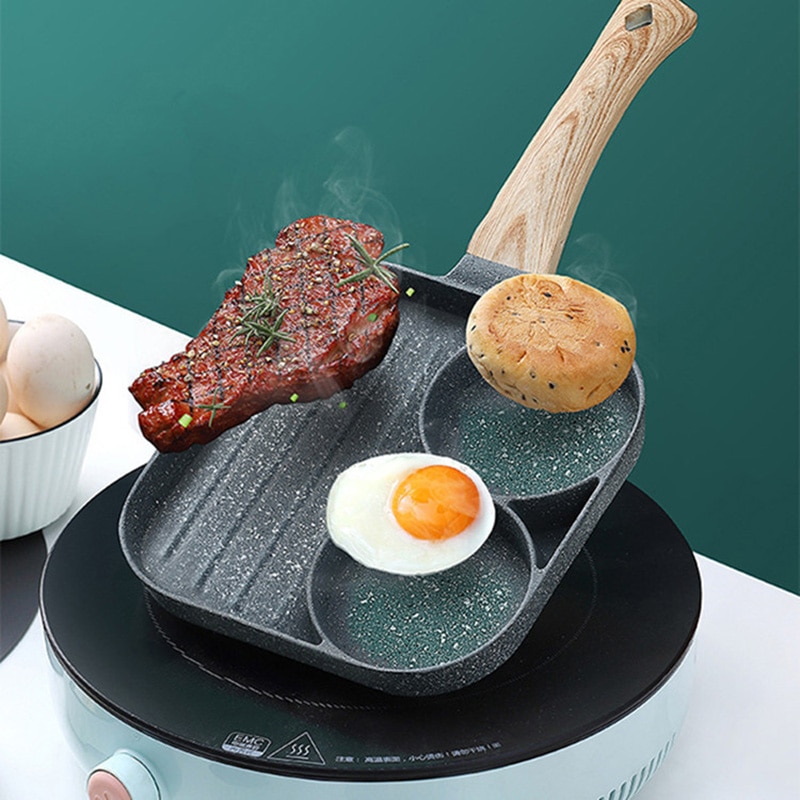 4 Hole Frying Pan Non Stick Breakfast Burger Egg Pancake Maker Wooden Handle Medical Stone Four Hole Omelet Pan cast cookware