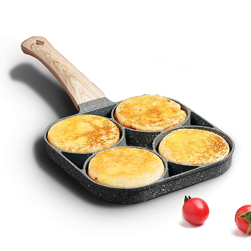 4 Hole Frying Pan Non Stick Breakfast Burger Egg Pancake Maker Wooden Handle Medical Stone Four Hole Omelet Pan cast cookware