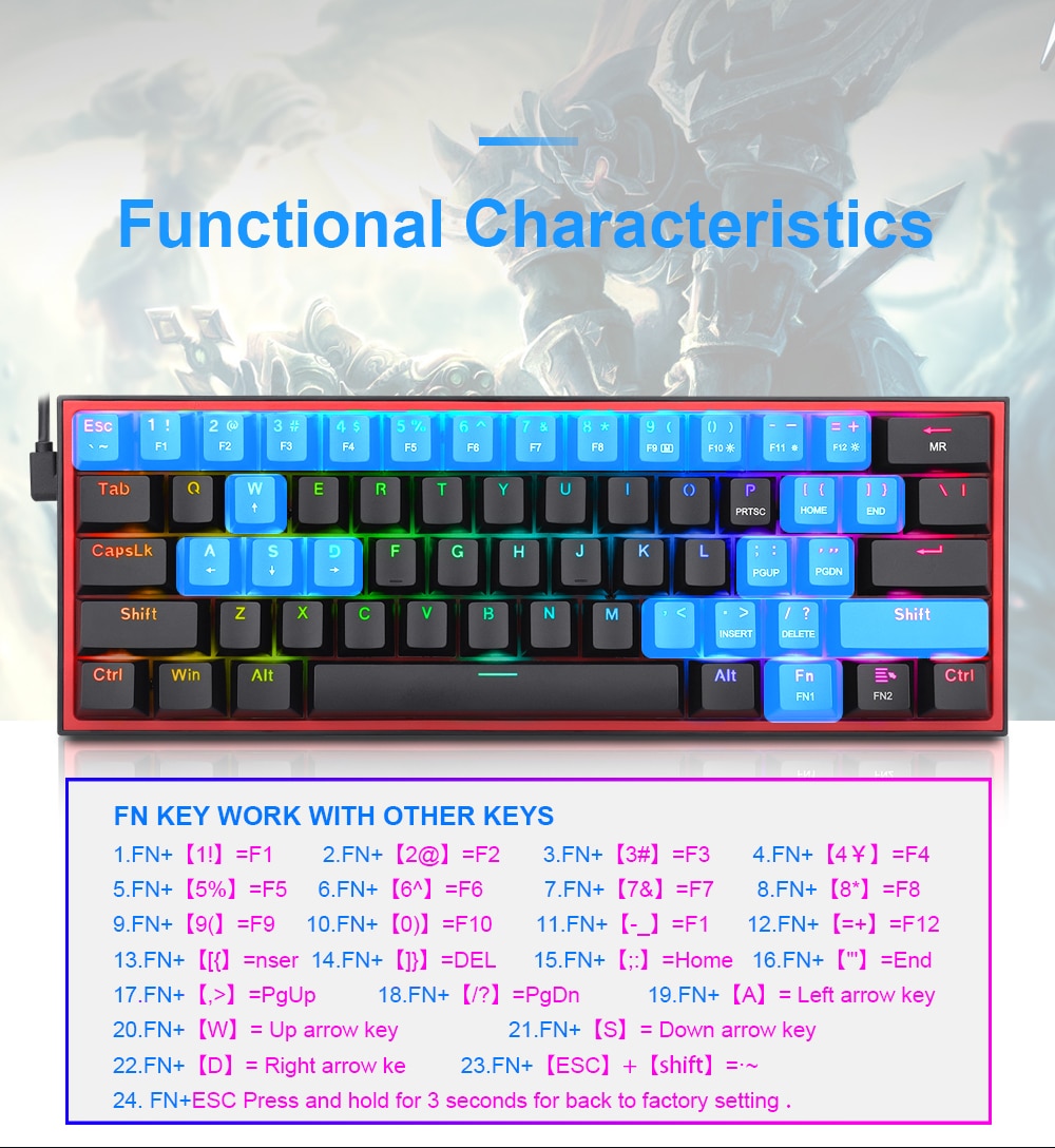 REDRAGON Fizz K617 RGB USB Mini Mechanical Gaming Keyboard Red Switch 61 Keys Wired detachable cable,portable for travel