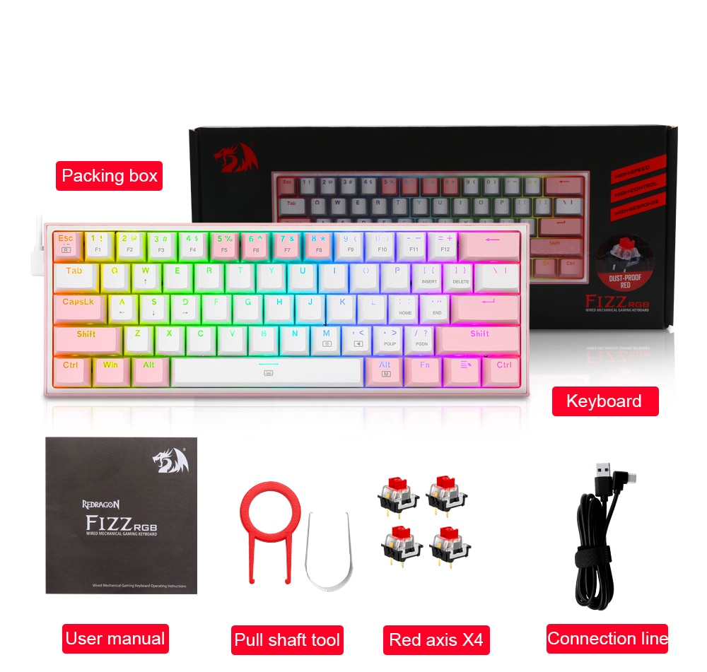 REDRAGON Fizz K617 RGB USB Mini Mechanical Gaming Keyboard Red Switch 61 Keys Wired detachable cable,portable for travel