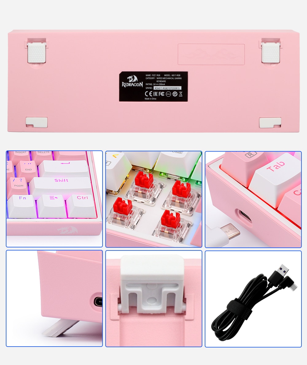 REDRAGON Fizz K617 RGB USB Mini Mechanical Gaming Keyboard Red Switch 61 Keys Wired detachable cable,portable for travel