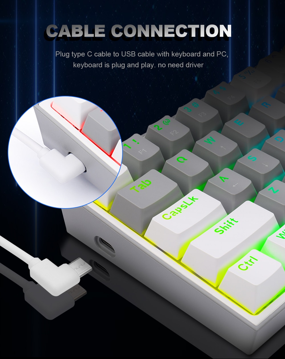 REDRAGON Fizz K617 RGB USB Mini Mechanical Gaming Keyboard Red Switch 61 Keys Wired detachable cable,portable for travel