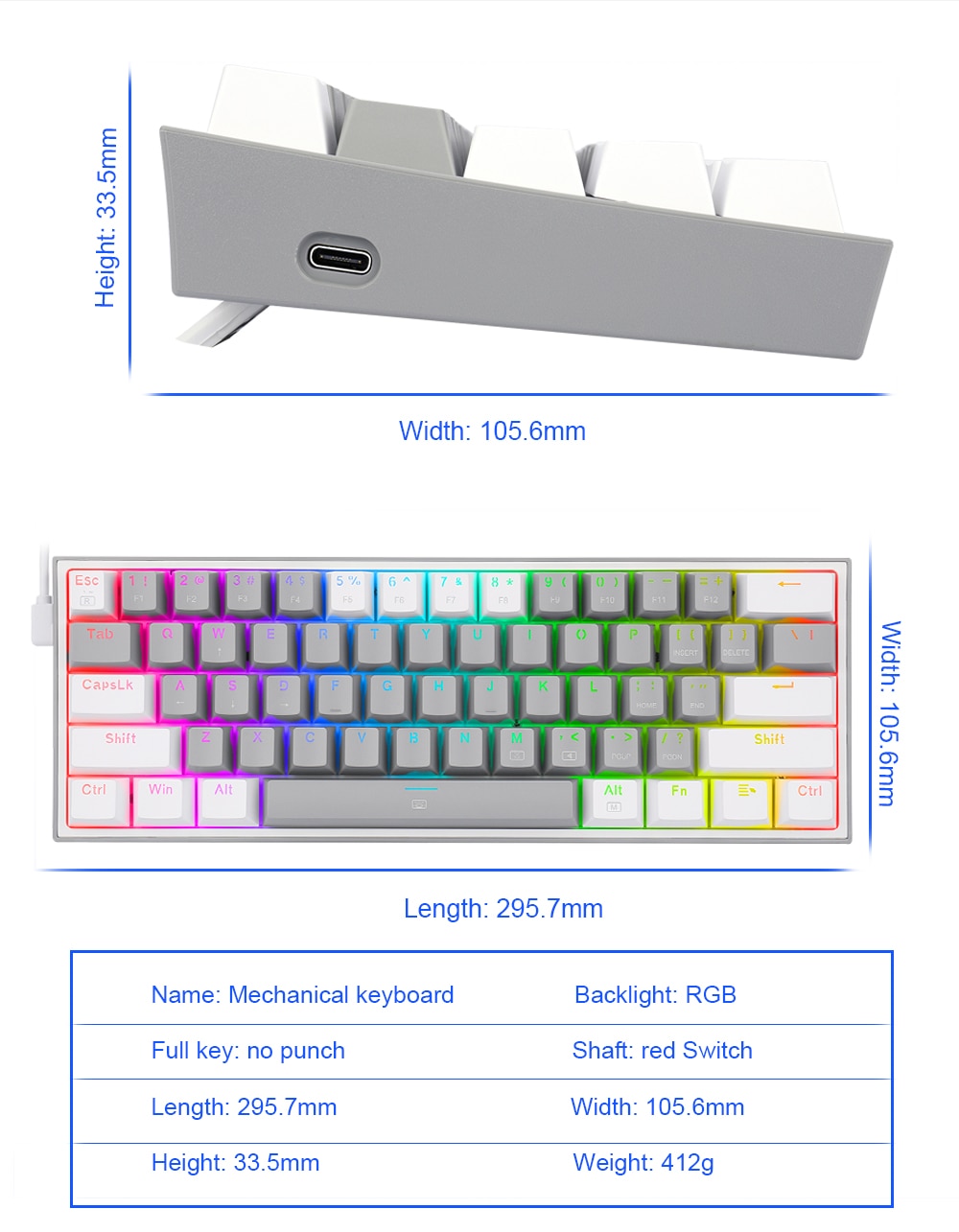 REDRAGON Fizz K617 RGB USB Mini Mechanical Gaming Keyboard Red Switch 61 Keys Wired detachable cable,portable for travel