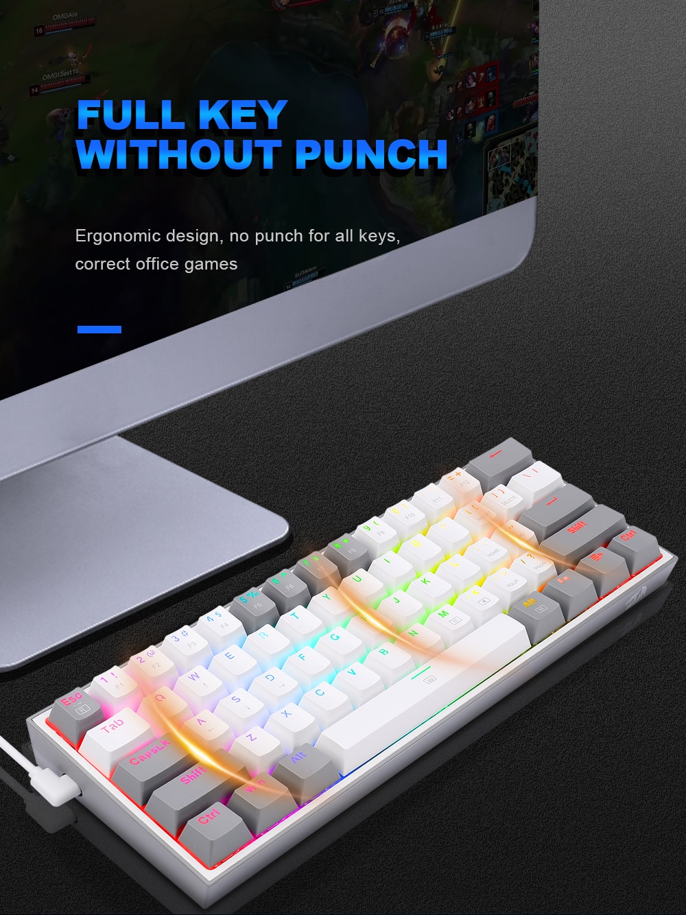 REDRAGON Fizz K617 RGB USB Mini Mechanical Gaming Keyboard Red Switch 61 Keys Wired detachable cable,portable for travel