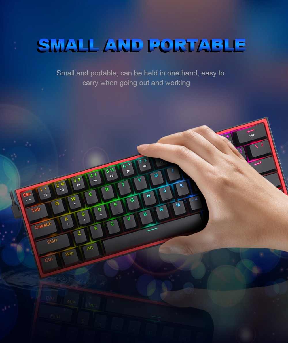 REDRAGON Fizz K617 RGB USB Mini Mechanical Gaming Keyboard Red Switch 61 Keys Wired detachable cable,portable for travel