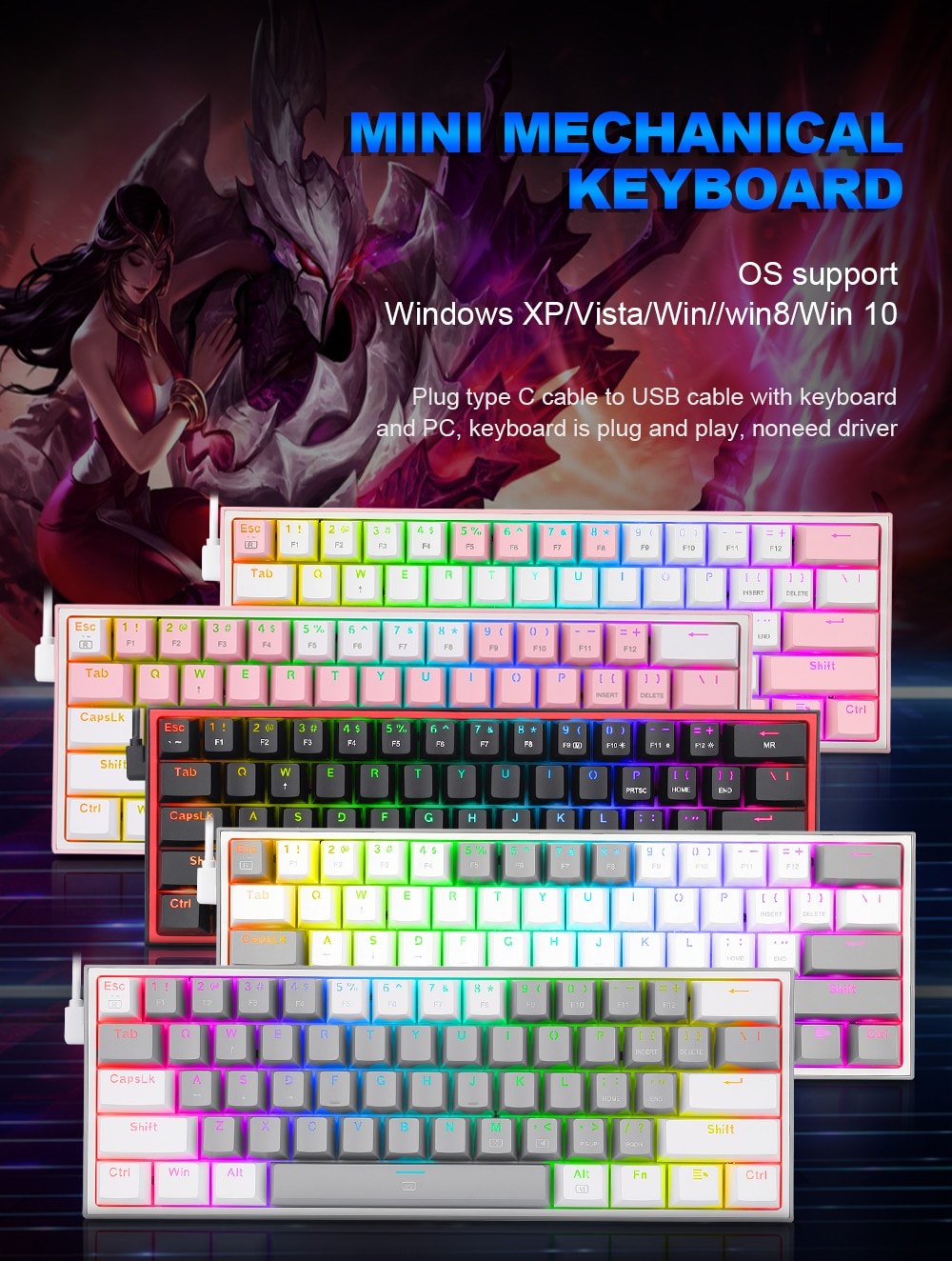 REDRAGON Fizz K617 RGB USB Mini Mechanical Gaming Keyboard Red Switch 61 Keys Wired detachable cable,portable for travel