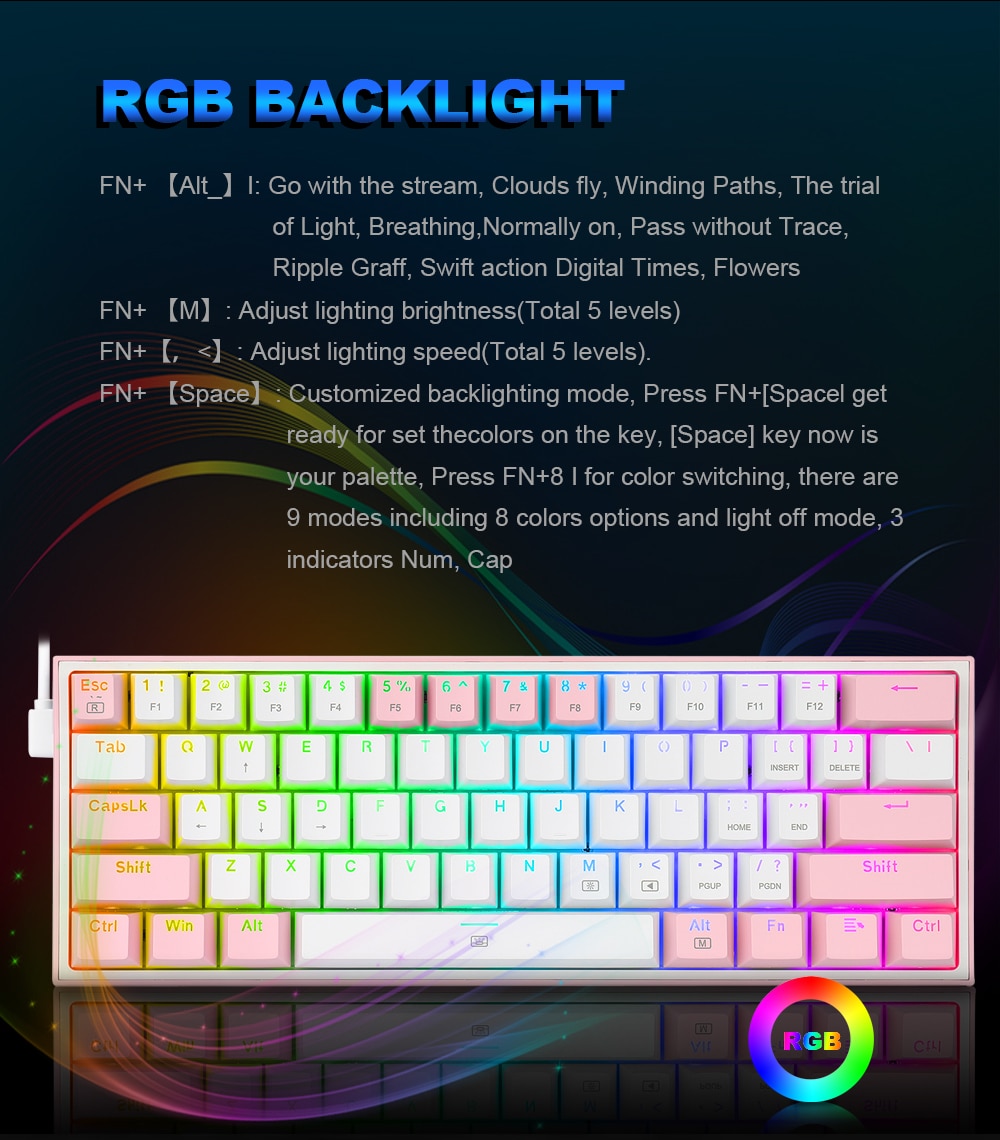 REDRAGON Fizz K617 RGB USB Mini Mechanical Gaming Keyboard Red Switch 61 Keys Wired detachable cable,portable for travel