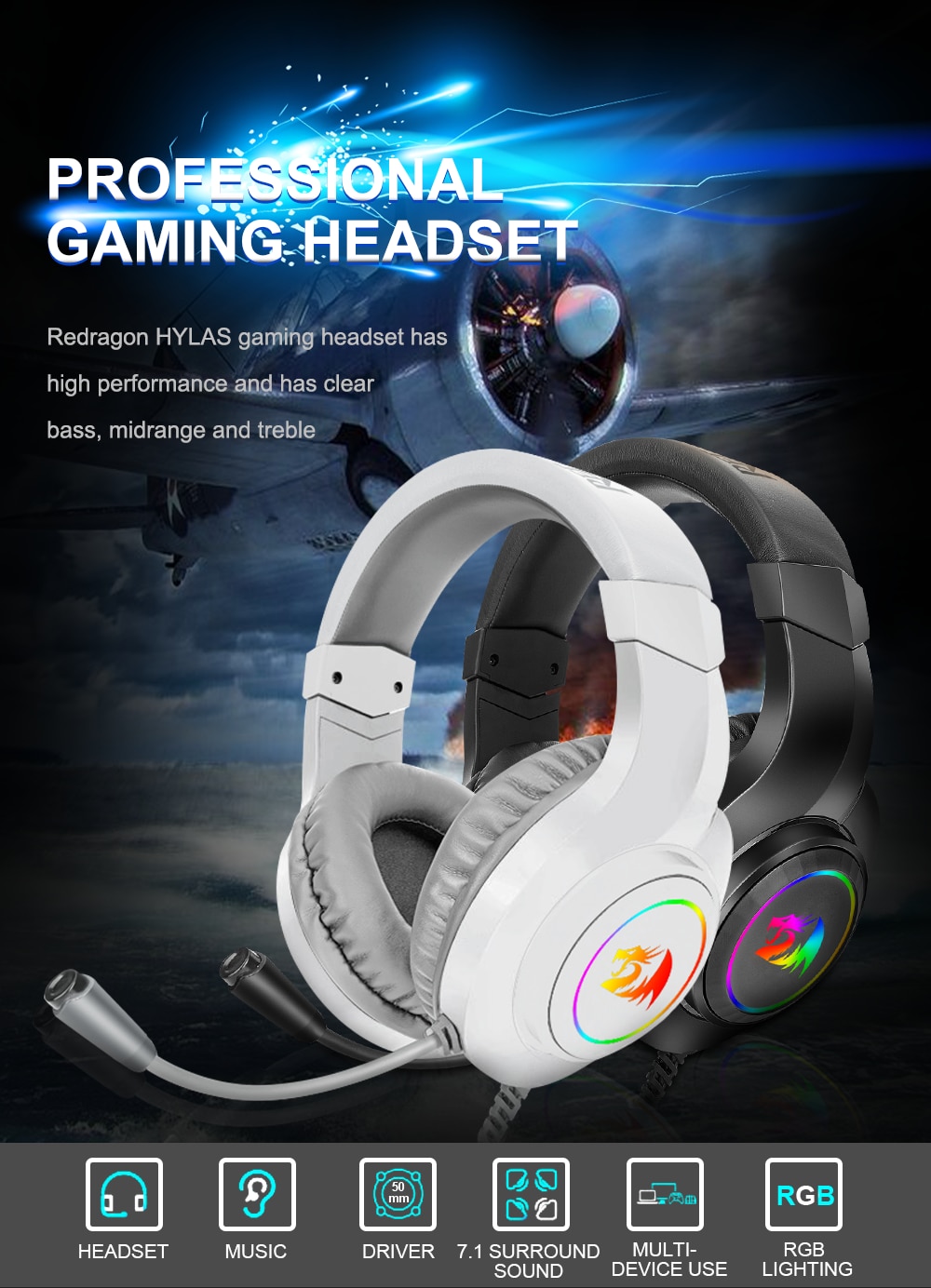 Redragon HYLAS H260 RGB gaming Headphone,3.5mm Surround sound Computer headset Earphones Microphone for PS4 Switch Xbox-one
