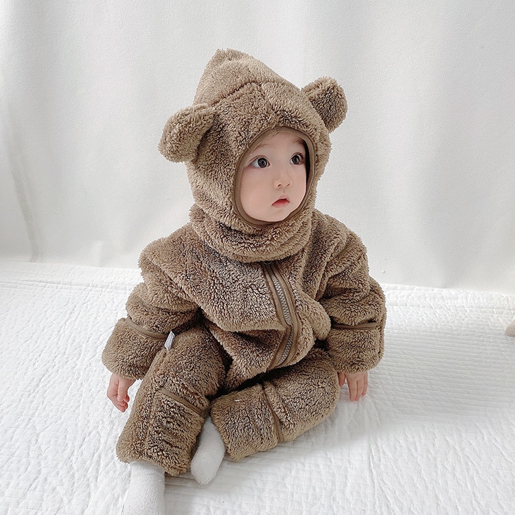 2020 Winter Infant Warm Clothes Newborn Baby Rompers with Removable Hat Boys Girls Fleece Hand Foot Protect Jumpsuit Footies