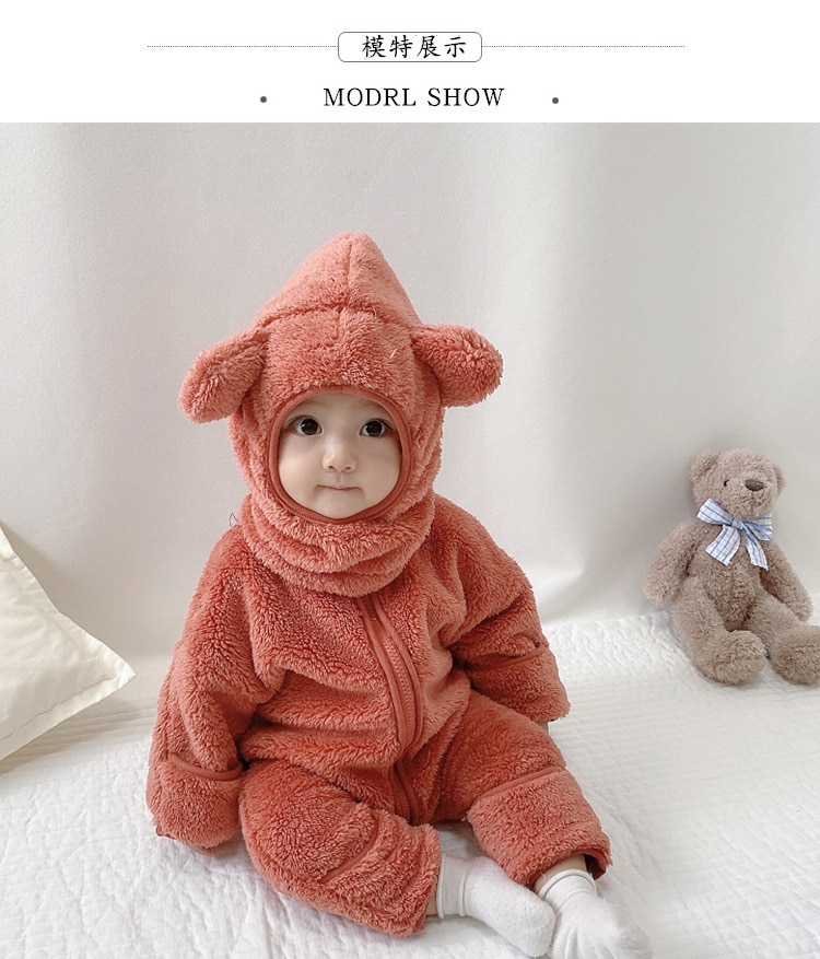 2020 Winter Infant Warm Clothes Newborn Baby Rompers with Removable Hat Boys Girls Fleece Hand Foot Protect Jumpsuit Footies