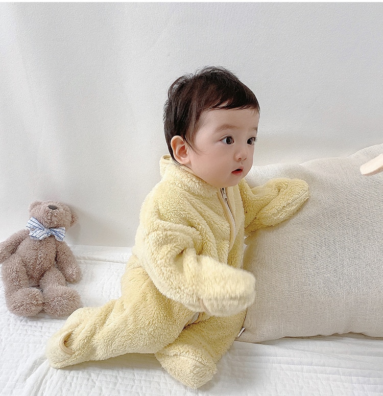 2020 Winter Infant Warm Clothes Newborn Baby Rompers with Removable Hat Boys Girls Fleece Hand Foot Protect Jumpsuit Footies