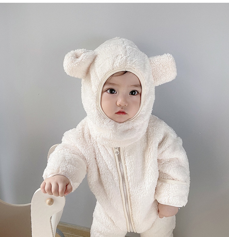 2020 Winter Infant Warm Clothes Newborn Baby Rompers with Removable Hat Boys Girls Fleece Hand Foot Protect Jumpsuit Footies